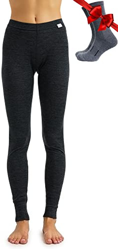 Merino Wool Base Layer Women Pants 100% Merino Wool Leggings Heavyweight, Midweight, Lite Thermal Underwear Bottom and Socks (Large, 165 Charcoal Grey)