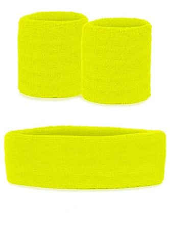 krautwear Fascia per sudore da donna e ragazza, 2 bracciali, guanti anni '80, rosa neon (set di fasce per sudore, giallo)