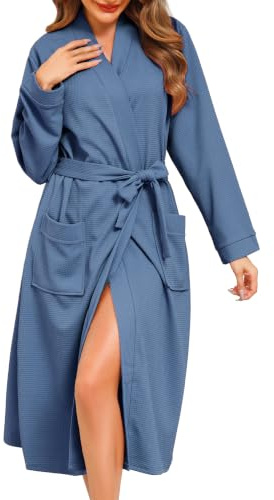Vlazom Waffle Dressing Gowns Lightweight Kimono Robe Cotton Soft Bathrobe for All Seasons Spa Hotel Nursing Pregnancy S-XXL