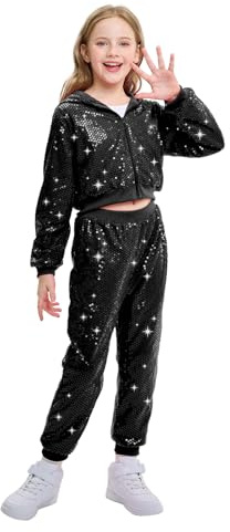 LOLANTA Enfant Costume de Danse Hip Hop à Paillettes Vêtements de Street Dance Ensemble Veste-pantalon, Noir, 10-11 ans, 150