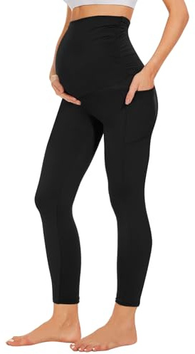 Leggings termici da gravidanza con tasche sopra la pancia, Leggings da donna neri per allenamento, yoga, attività fisica, morbidi collant per la gravidanza, Nero , L