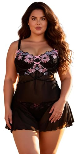 ohyeahlady Lencería para Mujer Curvy Camisones Encaje Picardías Mujer Babydoll Lencería Talla Grande Ropa de Dormir Pijamas Vestido Negro,XL