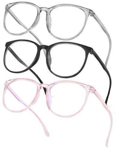 LIURFLNC 3 Stück Blaulichtfilter Brille, Anti Blaulicht Blue Light Blocking Glasses Set, Rund Brillen Modebrille, Ohne Stärke Blaufilter Fake Brille für Damen Herren (Schwarz & Grau & Rosa)