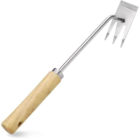 Fugenkratzer Unkraut mit Holzgriff, Löwenzahnstecher aus Edelstahl, Unkrautstecher mit Stiel, Doppelseitiges Scharfes Distelstecher, Gartengeräte Unkrauthacke Zum Entfernen Von Unkraut Und Moos (B)