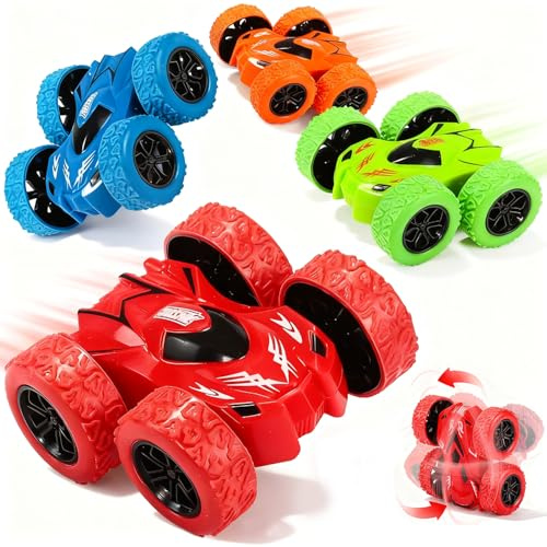 WFKKMEQ Pull Back Car Toys, 360° Rotation Off-road Friction Powered Vehicle Toy, 4 PCS Inertia Monster Truck Toy, Rubber Wheels Cars Toys Birthday Gifts for 3-7 Years Old Kids Boys Girls