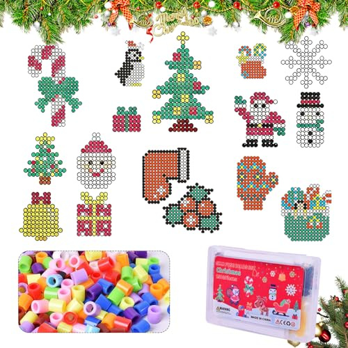 2500 Pieces Ironing Beads Christmas Set 7 Colours Ironing Beads Set, 5 mm Beads with Plates, 17 Christmas Patterns Ironing Paper Pendant and Accessories, Christmas Decoration, Crafts for Children (B)