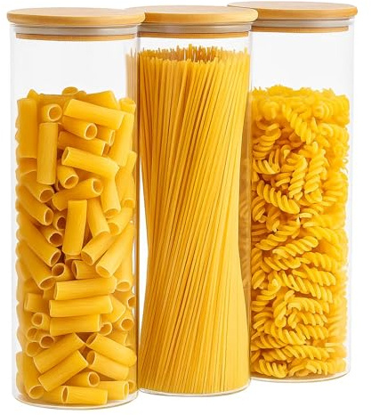 CROWNSHOP Set of 3 Large Glass Storage Jars with Lids Airtight (2050ml) Spaghetti Pasta Storage Container Kitchen Containers Clear Food Storage containers for Spaghetti Pasta Oats Cereal Rice