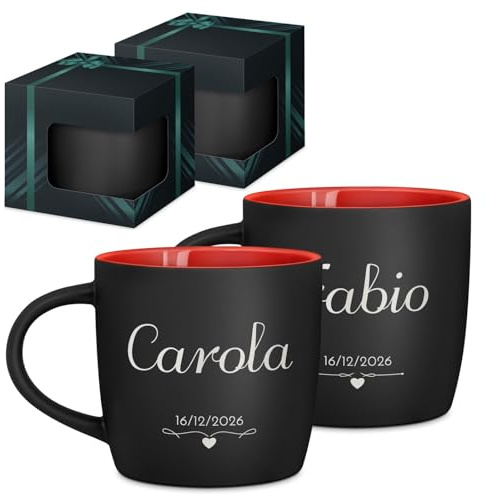 Maverton Set di 2 Tazze Colazione - Due Tazze Personalizzate in Ceramica per Coppia - Tazzine Caffe Nere Opache con Interno Rosso- Idee Regalo Fidanzato Anniversario Genitori