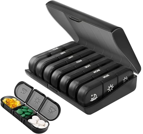 Pilulier hebdomadaire 3 prises, grand pilulier quotidien 7 jours 21 compartiments, portable, résistant à l'humidité, organiseur de pilules pour voyage pour vitamines et suppléments (Noir)