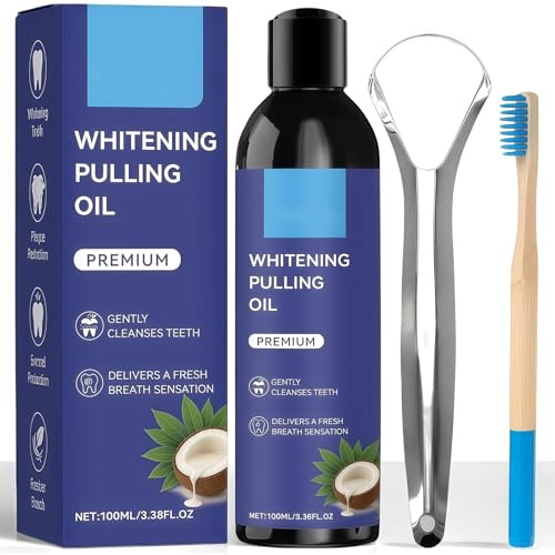 Coconut Oil Pulling Mouthwash for Teeth Whitening & Fresh Breath, Alcohol-Free & Fluoride-Free Natural Formula, 100ml with Toothbrush and Tongue Scraper Included