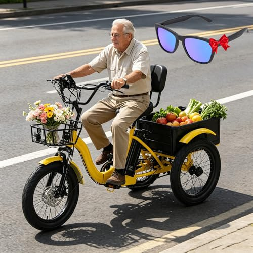 LISTaRSw 18 Pollici Triciclo Bici Pieghevole Elettrica per Adulti con Cestino Portaoggetti Pneumatici Larghi per Adulti Pieghevole, Facile da Scalare capacità di Carico 30 kg Yellow