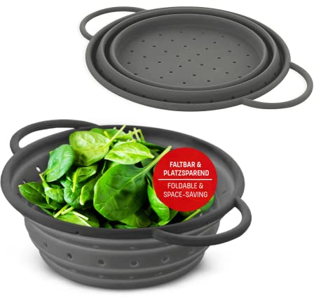 Coolinato – Scolapasta silicone pieghevole 16 cm grigio – Colino per pasta, verdura e frutta - Colapasta per lavastoviglie, senza BPA e termoresistente fino a 230°C - Setaccio salvaspazio richiudibile