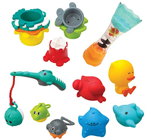 INFANTINO - Set Jeu de Bain Splish & Splash - 17 Pièces - Jouet de Bain Multi-Activités - Favorise l'Exploration Sensorielle - Facile à Nettoyer - Jouets de Bain pour Les Bébés dès 0 Mois.