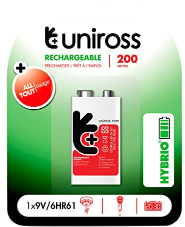 Uniross Batería Recargable Hybrio 9V 6HR61 PP3 NI-MH Serie 200 190mAh Larga duración precargada sin Mercurio y cadmio - Blister de 1 batería, Multicolor, Talla única, Estrellas y Rayas