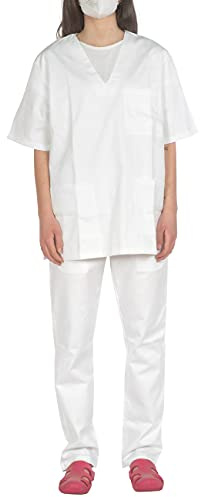 C.B.F. - Produzione professionale abbigliamento da lavoro Divisa Sanitaria Ospedaliera Uomo Donna in 100% Cotone Sanforizzato - Casacca e Pantalone - Infermiere OSS Estetista (Bianco, S, s)