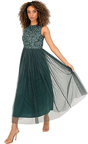 Maya Deluxe Midaxi Dress Women Ladies Sleeveless Sequins High Empire Waist Tulle Embellished for Wedding Guest Ball Vestido de Dama de Honor, Emerald Green, 14 para Mujer