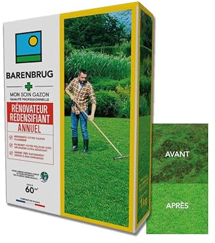 BARENBRUG - Soin Rénovateur Redensifiant - Redensifie et Rajeunit le Gazon - Germe Très Rapidement - Semences avec Enrobage - Limite Développement Plantes Indésirables - Fabriqué en France - 1KG