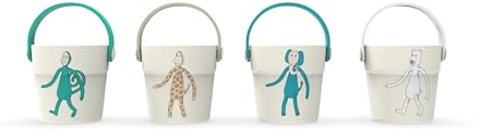 Matchstick Monkey Badezeit Badeeimer - Badewannenspielzeug - 4 Spieleimer, Stapeleimer mit Tiermotiven und Zahlen, Silikongriff und Streulöcher für einen Regenschauereffekt - stapelbar - ab 12 Monaten