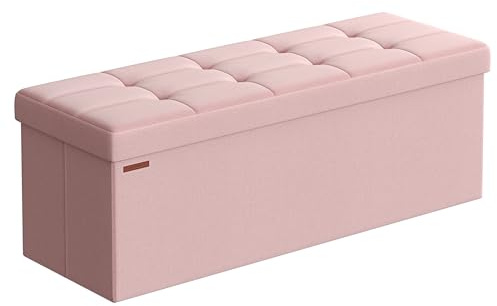 SONGMICS Sitzhocker mit Stauraum, klappbare Sitzbank, 110 x 38 x 38 cm | Fußbank, Aufbewahrungsbox, bis 300 kg belastbar, Pastellrosa und Tintenschwarz, MINOTA Kollektion LSF077R11