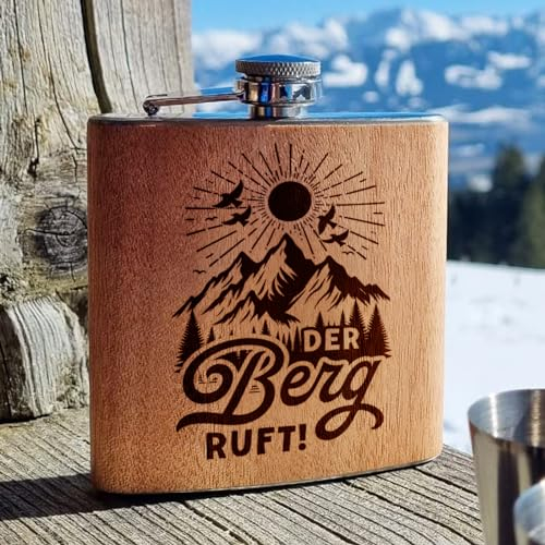 Der Berg ruft Flachmann Holz mit Gravur. Geschenk Ski fahren Flachmann Wandern Accessoires für Gipfelstürmer