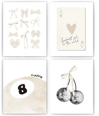 okaxscm Beige Coquette Trendy Preppy Wall Art Prints Set of 4, Coquette Room Decor, Preppy Room Decor Aesthetic, Beige Bow Disco 8 Ball Cherry Wall Decor Posters for Girls Bedroom Dorm, 8x10 Unframed