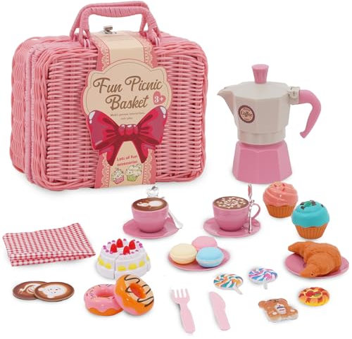 Kit de pique-nique avec couverture, gâteau découpable, mallette de transport pour jouets, dessert, machine à café, cuisine boueuse, extérieur, accessoires de cuisine pour enfants de 3 à 5 ans (rose)