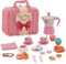 Picknickkorb Kinder,Picknick Kinder Set mit Decke, Schneidbarer Kuchen,Spielzeug Tragekoffer,Dessert,Kaffeemaschine Spielzeug，Matschküche Kinder Outdoor,Kinderküche Zubehör 3 4 5 Jahre(Rosa)