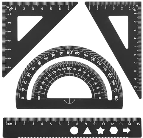 PATIKIL Set di Squadra Triangolare, Righello Metrico da 15cm in Alluminio, Squadra Triangolare 45°60° e Goniometro, 4Pz, Nero