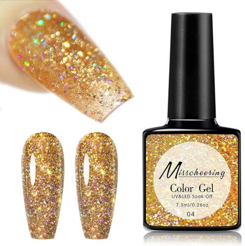 Glitter Gold Gel Nail Polish, Gel Nail Varnish, Diamond Shiny Shimmer Sparkly Nail Glitter, Long Lasting Holographic French Manicure Soak off LED Lamp Gel Nail Polish for Women Girls DIY Nail Art