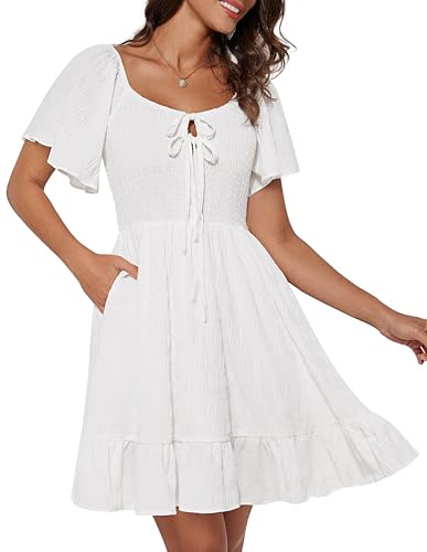 GRACE KARIN Abito estivo da donna con maniche corte a volant, elegante con allacciatura sul davanti, mini abiti per feste, vacanze, spiaggia, abito casual, bianco, XXL