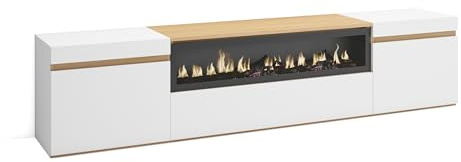Skraut Home | Mobile TV Soggiorno | Ampio spazio a disposizione | 200x45x35cm | Per TV fino a 80 | Camino elettrico | Stile moderno | Bianco e Rovere soft