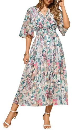 CMTOP Vestidos Verano Mujer Largo Elegantes Cuello en V Vestido Manga Corta Estampada Bohemio Midi Vestido Elástico Cintura Alta Casual de Playa Fiesta (Flores de Colores, XL)