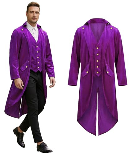 Crubelon Men's Gothic Steampunk Tailcoat – Long Victorian Jacket with Golden Buttons – Elegant Medieval & Renaissance Costume for Halloween, Carnival, and Cosplay Events (Purple, XXXXXL)