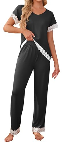 Famulily Women's 2 Piece Loungewear Set Lace Trim Short Sleeve Top and Long Pants Casual Home Wear Nightwear for Ladies Black L