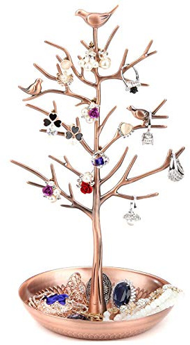 WELL-STRONG Jewelry Tree Necklace Earring Holder Modern Cute Bird Jewelry Stand for Women Girls Teen Bronze