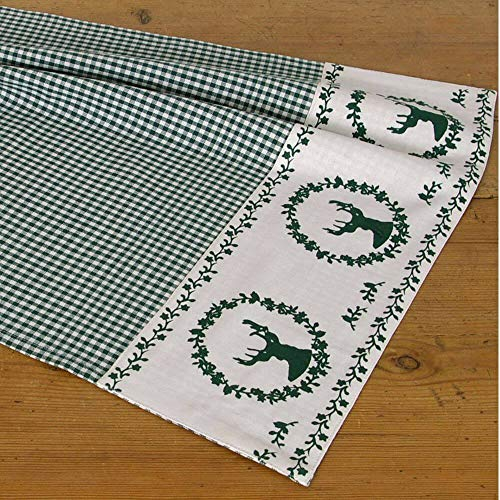 Tischläufer RESI kariert Hirsch Druck grün - Große Stoff Tischdecke Landhausstil 48 x 100 cm Tischdeko rechteckig - Waschbares Tischband aus 100 % Baumwolle, als moderne Esstischdeko, Weihnachtsdeko