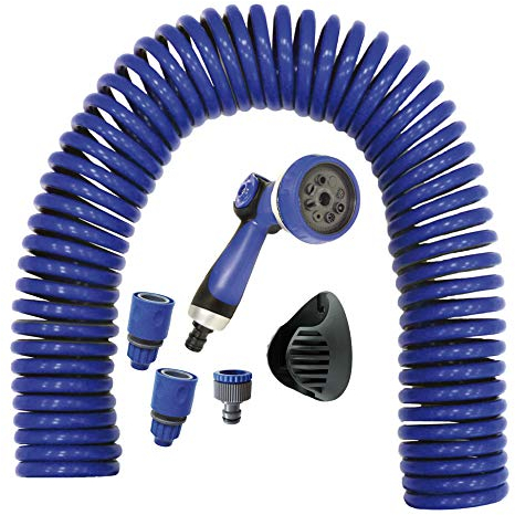S&M 590078 – Kit de manguera helicoidal azul 15 metros (9 mm diámetro) + pistola multifunción 8 chorros + automático rosca hembra con adaptador ¾”-½” + 2 conectores rápidos + soporte colgador