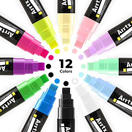 Arrtx Acrylstifte Marker 12 Stück Keil-Spitze 10mm für breite Markierungen - wasserfest, schnell-trocknend, wischfest für Karton, Kunststoff, Holz, Metall, Glas