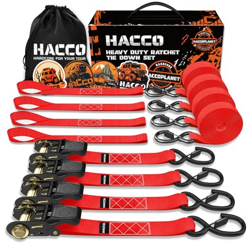 Haccoplanet Ratchet Tie Down Straps, 2340lb Break Strength, 4pc 1inch x 16FT Ratchet Strap Set with Padded Handles & Coated S Hook W/Safety Clip, Cargo Strap Tie-Down for Motorcycle, Truck (Red)