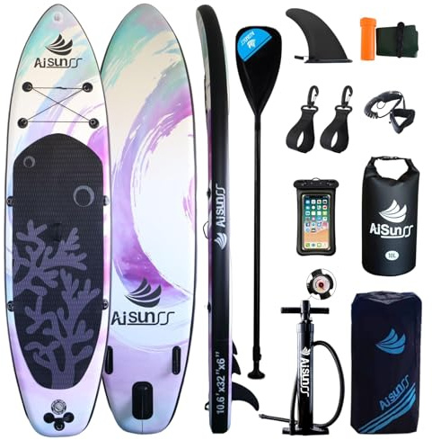AISUNSS Aufblasbare Stand Up Paddle Boards mit Premium SUP Paddle Board Zubehör, 10L wasserdichter Dry Bag, Wide Stable Design, Rutschfestes, bequemes Deck für Jugendliche