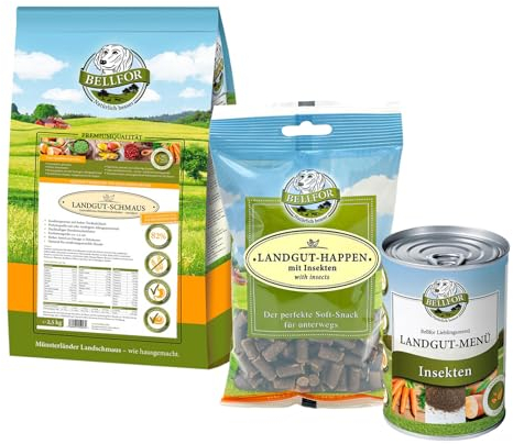 Bellfor Set de Nourriture pour dalmatiens Nourriture Humide hypoallergénique de Haute qualité sans céréales 2 x 400 g et Nourriture sèche avec des Insectes 2,5 kg avec Snacks Mous 200 g