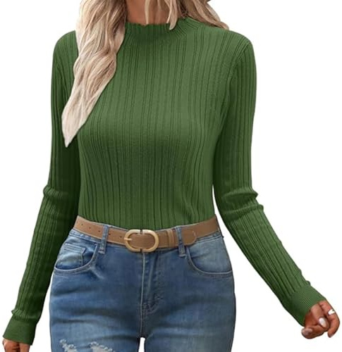 OUGES Pull Femme à Col Montant Pulls Tricoté Automne Hiver Basique Haut Coupe Chemise à Manches Longues(Green,L)