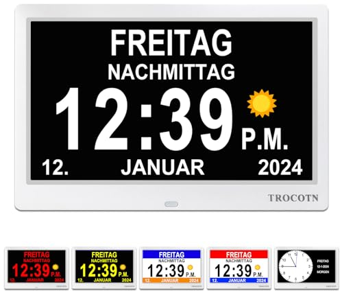 TROCOTN Demenz Uhr senioren, digitaler Kalender, seniorenuhr, Uhr mit Datum und wochentag (10 Zoll Weiß)
