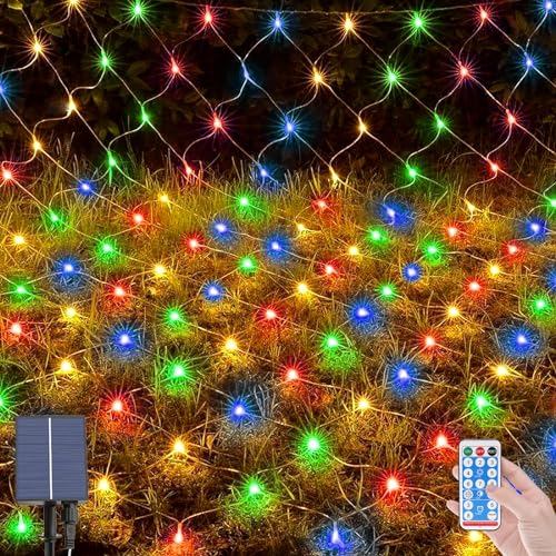 OPAHUTER 198 LEDs Solar Lichternetz Außen, 2 x 3 M Wasserdichte Lichterkette Netz, Fernbedienung Lichterketten Vorhang mit 8 Modi, Solar Lichternetz für Weihnachten Hochzeit Fenster Büsche