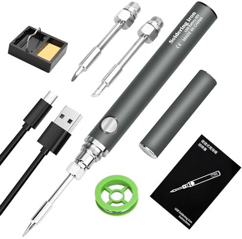 KKMOL Juego de soldador, batería USB, soldador ajustable 330-450°C, 3 puntas, soporte, alambre, gris, estilo lápiz, inalámbrico, residencial