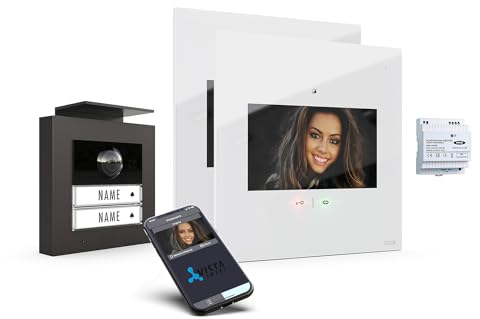 m-e iP Video-Türsprechanlage RFID anthrazit/weiß | Aluminium Außenstation für 2-Familienhaus | 7“ Design-Innenstation flach | Türklingel mit Kamera | Freisprechanlage Video Zweifamilienhaus 4-Draht