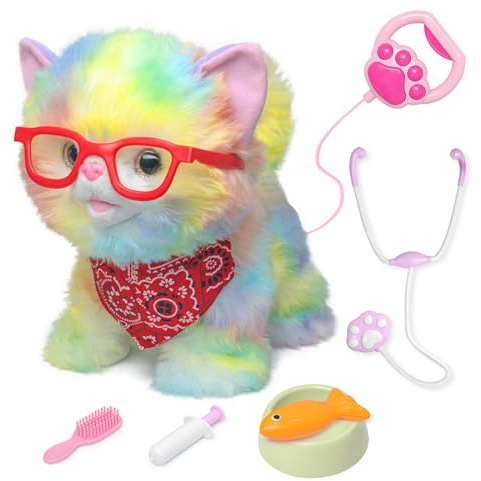 YH YUHUNG Chat en Peluche télécommandé Qui Marche, miaule & remue la Queue, capteurs Tactile/Voix, Set de Jeu vétérinaire, 3×AAA Non incluses, 3+