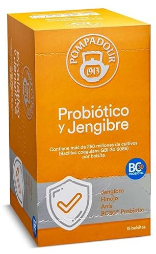 Pompadour | Probiótico y Jengibre | Ayuda a la Flora Intestinal | Con Probiótico BC30 | Sin Teína | 15 Bolsitas de 1,75 Gr