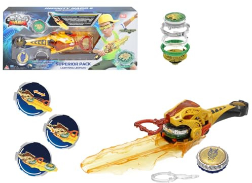 COLORBABY 48090 Infinity Nado Superior Pack, Peonza para niños, Lighting Leopard Leopardo Relámpago, Lanzador de Espada, Luces Multicolor, Juegos de peonzas, Pilas Incluidas Juego de Batalla, +5