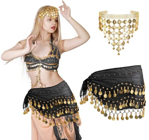 YGKYMVW Bauchtanz Accessoires Damen, 2 Stücke Bauchtanz Hüfttuch mit Kopfschmuck, Bauchtanz Schmuck mit 128 Münzen Schmuckset Bauchtanz Bauchtanz Kostüm für Carnival Mottoparty